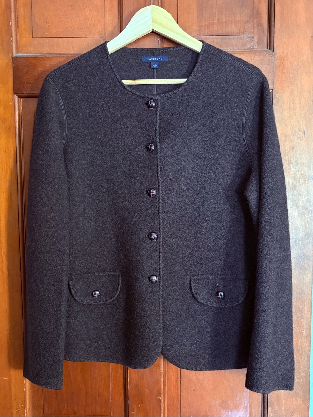 Women's Lands' End Chocolate Brown Round-Neck 100% Wool Blazer